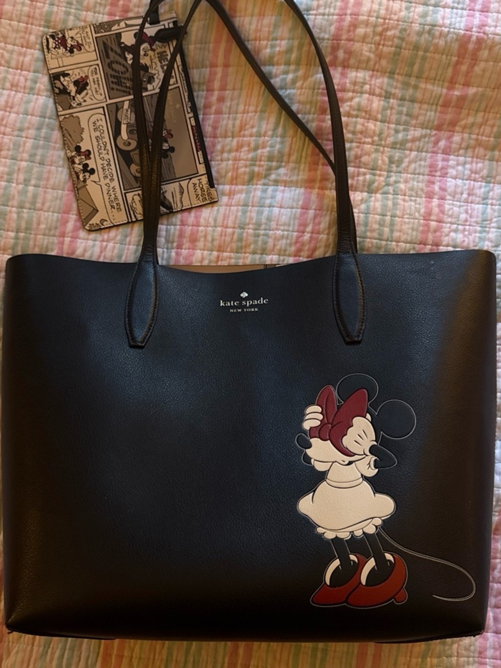 kate spade black leather tote with Minnie Mouse graphic